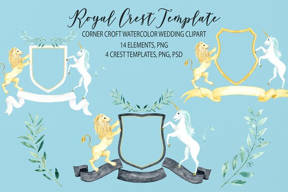 Aquarell Wappen Clipart Wappen Vorlage Lowe Und Einhorn Etsy
