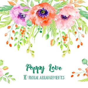 Watercolor Poppy Love Floral Arrangements for instant download, peach and red poppy posies