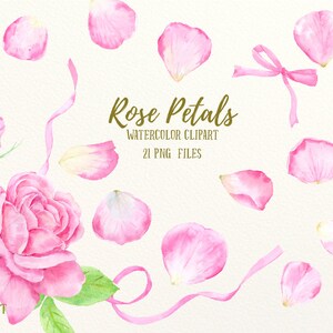 May include: Watercolor clipart featuring pink rose petals and a rose with green leaves. The image includes a pink ribbon and the text "Rose Petals Watercolor Clipart 21 PNG Files."