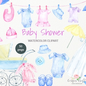 Aquarell Baby-Dusche Clipart, Baby-Tuch, Lätzchen, Hut, Kinderwagen, Kinderbett, Krippe, Kuscheltier, sofortiger Download