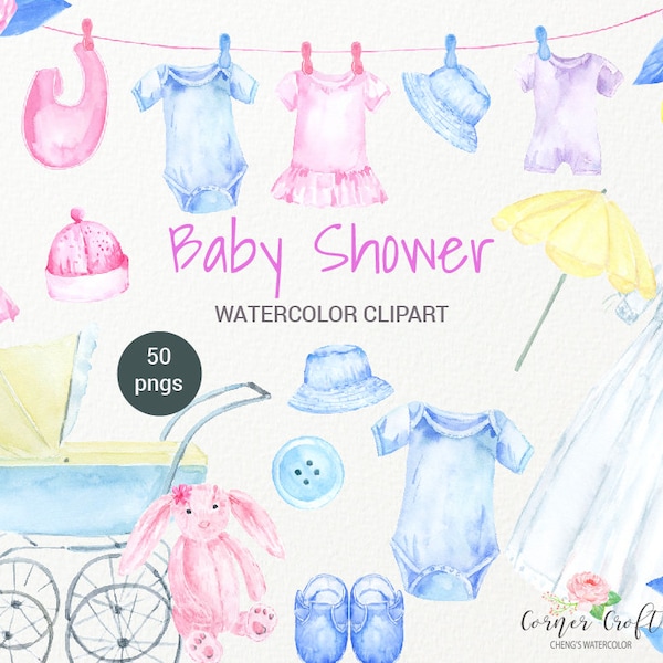 Watercolor Baby Shower Clipart, baby cloth, bib, hat, pram, cot, crib, soft toy, instant download