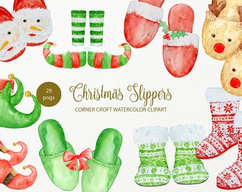 Watercolor Christmas Slippers Clipart, red slippers and green slippers for instant download