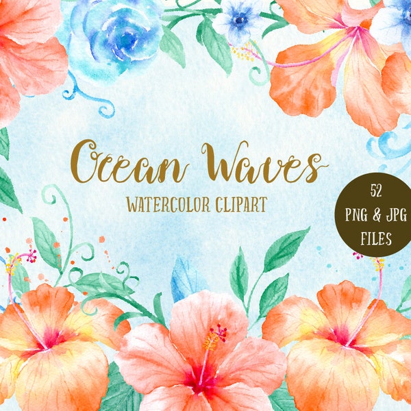 Watercolor Clipart Ocean Waves - orange hibiscus, blue roses, swirls and curls, posies and patterns for instant download