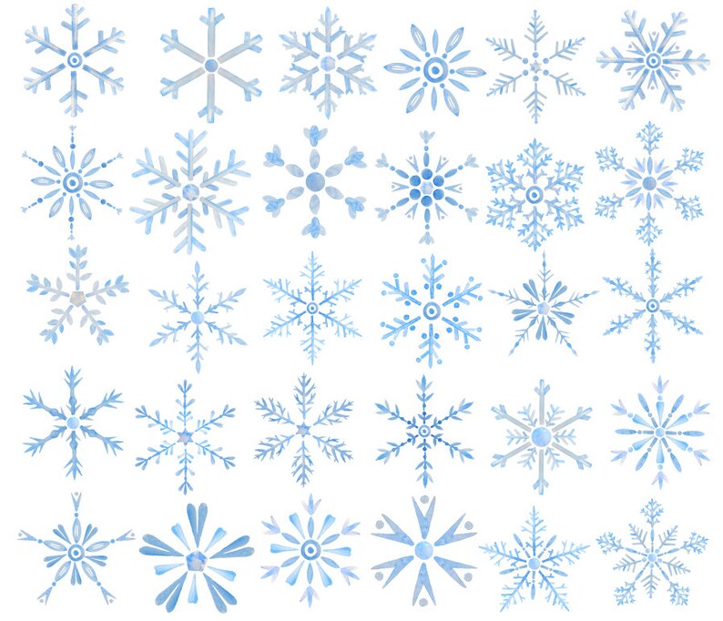 Puede incluir: Una colecci&oacute;n de 36 copos de nieve de acuarela en tonos azules. Los copos de nieve son todos de diferentes dise&ntilde;os y tama&ntilde;os, y est&aacute;n dispuestos en un patr&oacute;n de cuadr&iacute;cula.