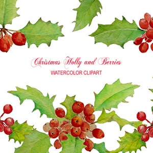 Watercolor Clipart Christmas Holly and Berry instant download scrapbook watercolor cards wedding invitations clipart