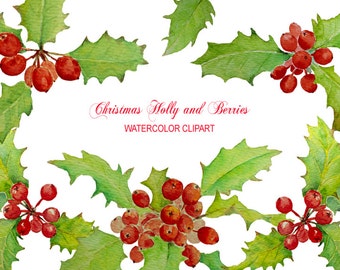 Watercolor Clipart Christmas Holly and Berry instant download scrapbook watercolor cards wedding invitations clipart