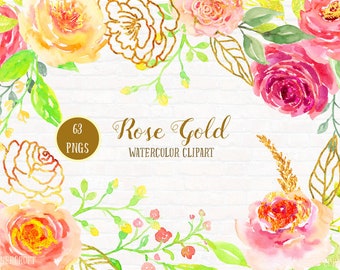 Rose Gold Watercolor Clipart, Floral Frame (Digital Download)