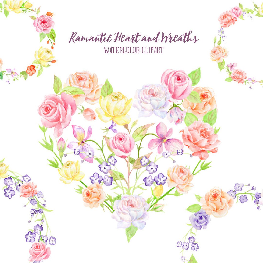 Watercolor Rose Wreath Clipart, Floral Heart Design (digital Download ...