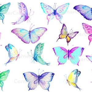 Acquerello di farfalle blu viola giallo clipart digitale stampabile download immediato per invito dell'acquerello dell'album