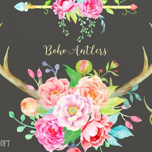 Wedding clip art Boho Antlers - watercolor antler, deer skull, peony bouquet,floral arrangements for instant download, peony clip art