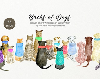 Watercolor dog clipart, backs of dogs, personalised print creator for instant download