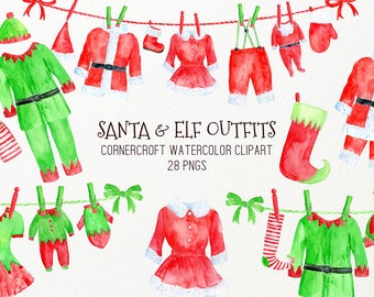 Navidad Clipart Santa Claus y Elfo Outfit en Washing Line