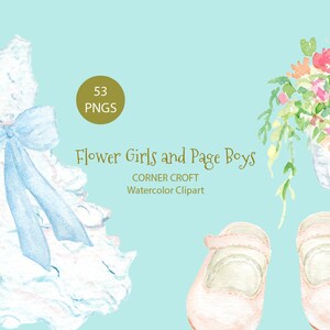 May include: Watercolor clipart set of 53 flower girl and page boy illustrations. The set includes a white dress with a blue bow, a basket of flowers, and two pairs of pink shoes.