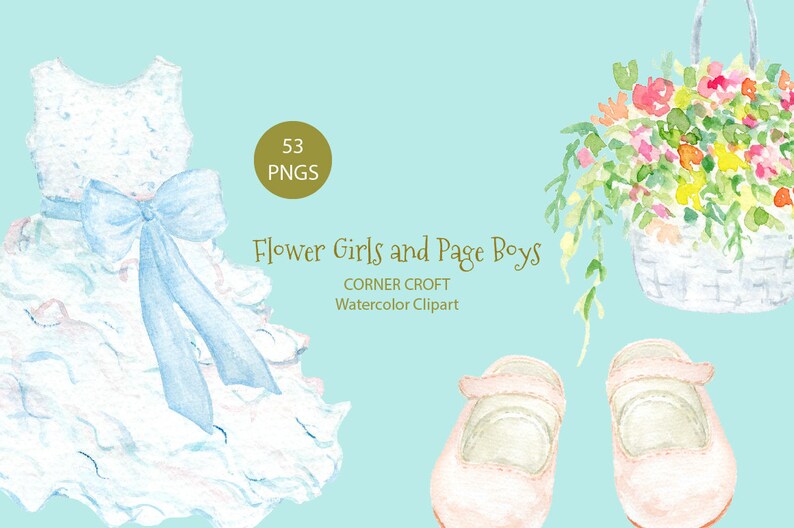 May include: Watercolor clipart set of 53 flower girl and page boy illustrations. The set includes a white dress with a blue bow, a basket of flowers, and two pairs of pink shoes.