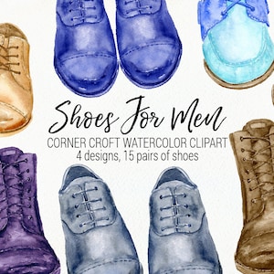Zapatos de acuarela para hombre, zapatos formales, zapatos casuales, botas, clipart de zapatos para descarga instantánea
