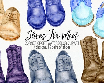 May include: Watercolor illustration of 15 pairs of shoes in four different styles. The shoes are in shades of brown, blue, purple, and light blue. The text "Shoes for Men" and "Corner Croft Watercolor Clipart" is included in the image.