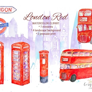 London Red, watercolor London landmarks, big Ben, Westminster abbey, tower bridge, red bus, red telephone box, red post box