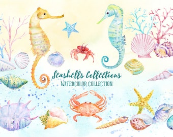 May include: Watercolor illustration of seashells, seahorses, crabs, and starfish. The illustration is in a light blue and yellow color scheme. The text "Seashells Collections Watercolor Collection" is written in the center of the image.