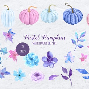 Pu&ograve; includere: Un set di 22 immagini clipart ad acquerello con zucche, foglie e fiori in colori pastello. Le zucche sono in tonalit&agrave; di blu, rosa e bianco. Le foglie sono in tonalit&agrave; di viola, rosa e blu. I fiori sono in tonalit&agrave; di blu, viola e rosa.
