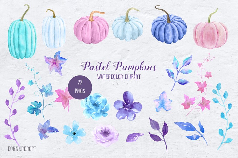 Pu&ograve; includere: Un set di 22 immagini clipart ad acquerello con zucche, foglie e fiori in colori pastello. Le zucche sono in tonalit&agrave; di blu, rosa e bianco. Le foglie sono in tonalit&agrave; di viola, rosa e blu. I fiori sono in tonalit&agrave; di blu, viola e rosa.