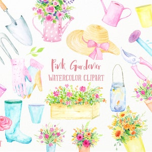 Garden Clip Art, acuarela Pink Gardener, herramienta de jardín temático rosa, botas wellington, latas de riego, guantes, maceta para descarga instantánea
