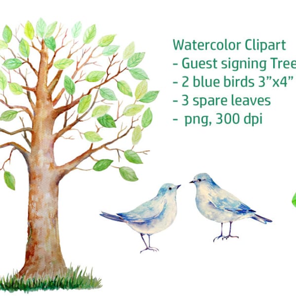 Wedding Clipart - Watercolor large guest signing tree 12" x 16", 2 blue birds, 3 spare leaves printable instant download (set4)