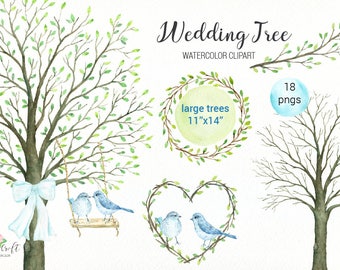 Watercolor Wedding Tree Clipart – Guest Signing, Blue Birds (Digital Download)