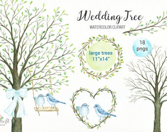 Wedding Tree Watercolor Clipart - large guest signing tree, bare tree branch, tree with leaf for instant download