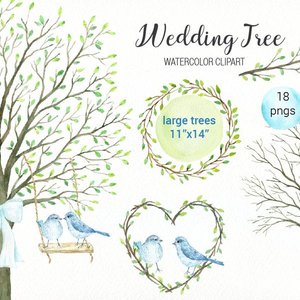 Wedding Tree Watercolor Clipart - large guest signing tree, bare tree branch, tree with leaf for instant download