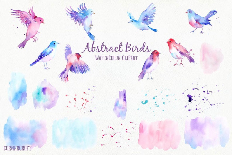 May include: Watercolor clipart featuring abstract birds in shades of blue, pink, and purple. The set includes various bird poses, splatters, and watercolor washes.