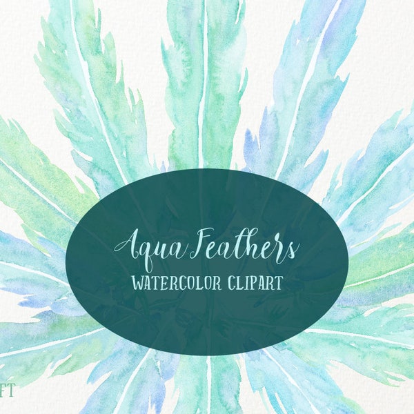 Watercolor Aqua feather clip art, blue feathers, green feathers for instant download scrapbook, feather illustration