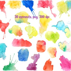 May include: A set of 30 watercolor splatter elements in various colors, including red, orange, yellow, green, blue, purple, and pink. The splatter elements are isolated on a white background. 30 elements, png, 300 dpi.