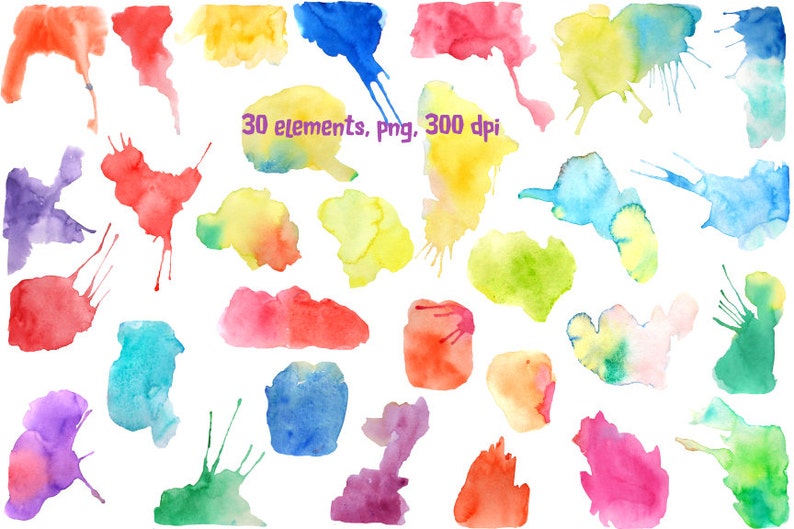 May include: A set of 30 watercolor splatter elements in various colors, including red, orange, yellow, green, blue, purple, and pink. The splatter elements are isolated on a white background. 30 elements, png, 300 dpi.