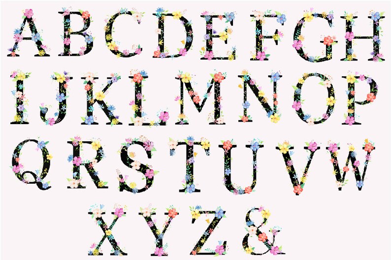 May include: Floral alphabet letters in black with colorful flowers and leaves. The letters are in a serif font and are arranged in alphabetical order.
