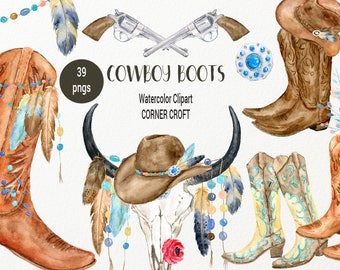 Watercolor Clipart Cowboy Boots, Skull, Pistol, Riffle, Brown and Tan Boots, Cowboy Hats, Boho Clipart for instant download