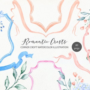 Collection de crête romantique d'aquarelle, cadres de crête, rubans et arrangements floraux
