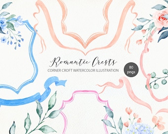 Watercolor Romantic crest collection, crest frames, ribbons and floral arrangements