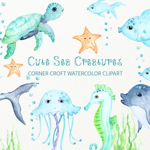 Nursery clipart cute sea creatures fish dolphin jelly fish sea turtle digital download