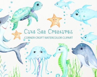 Nursery clipart cute sea creatures fish dolphin jelly fish sea turtle digital download
