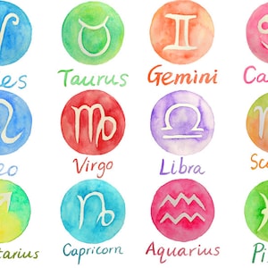Aquarelle signes astrologiques, signes du zodiaque et des lettres de noms aquarelle - clipart numérique - téléchargement immédiat pour cartes de voeux, étiquettes