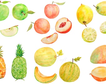 Clipart di frutta ad acquerello: mela, limone, pesca, ananas (download digitale)
