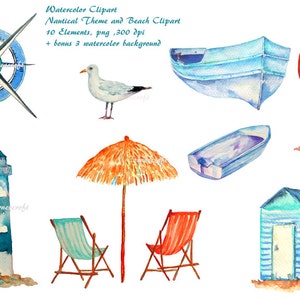 Aquarell Leuchtturm, Möwe, Fischerboote, Kompass, Strandhütte, Sonnenschirm, Aquarell Clipart