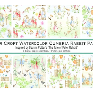 Könnte beinhalten: Acht digitale Papiermuster mit Aquarell-Illustrationen von Peter Rabbit-Charakteren, darunter Peter Rabbit, Benjamin Bunny und Mrs. Rabbit. Die Muster sind inspiriert von Beatrix Potters "The Tale of Peter Rabbit" und sind nahtlos, 30,5 cm x 30,5 cm, im JPG-Format und 300 DPI.