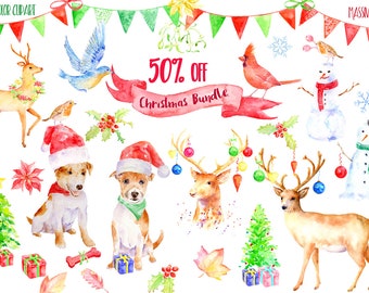 Watercolor Clipart, Christmas Bundle, sale, 50% off, massive savining, Christmas Decorations, instant download, greeting cards, art prints