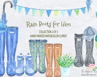 Watercolor Rain Boots Clipart, Men's Boots (Digital Download)