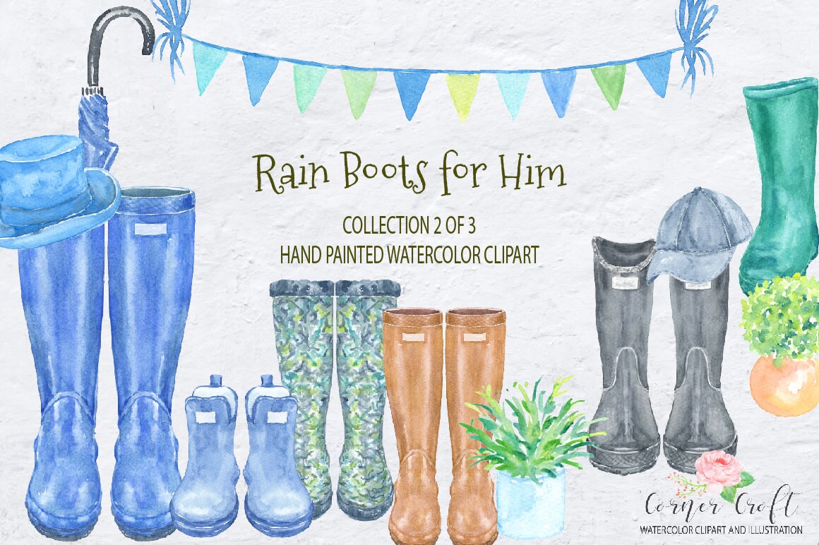 Garden Boots Clip Art, Watercolour Wellington Boots, Wellies, Rubber