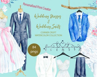 Watercolor wedding dress, wedding suit, personalised print creator, mannequin, hanger, hook, cloth rack for instant download