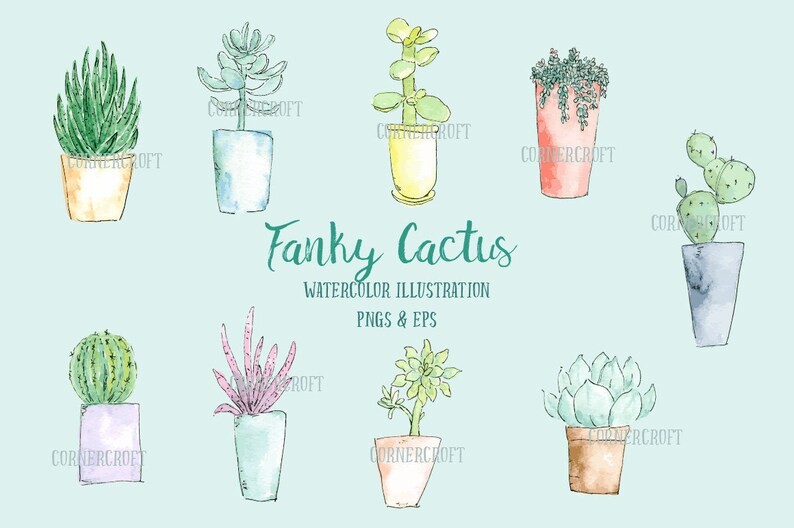 May include: Watercolor illustrations of various cacti and succulents in pots. The plants are drawn in a whimsical style with a variety of colors and textures. The text "Fanky Cactus" is written in a stylized font.