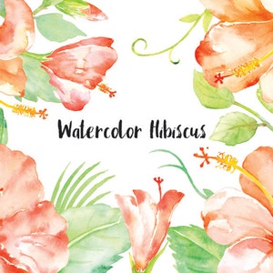Watercolor orange hibiscus, decorative leaves and grass, instant download