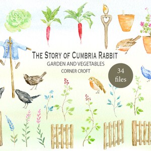 May include: A watercolor illustration set of 34 garden and vegetable elements, including a scarecrow, birds, a watering can, a fence, carrots, lettuce, and flowers. The text "The Story of Cumbria Rabbit Garden and Vegetables Corner Croft" is included in the image.